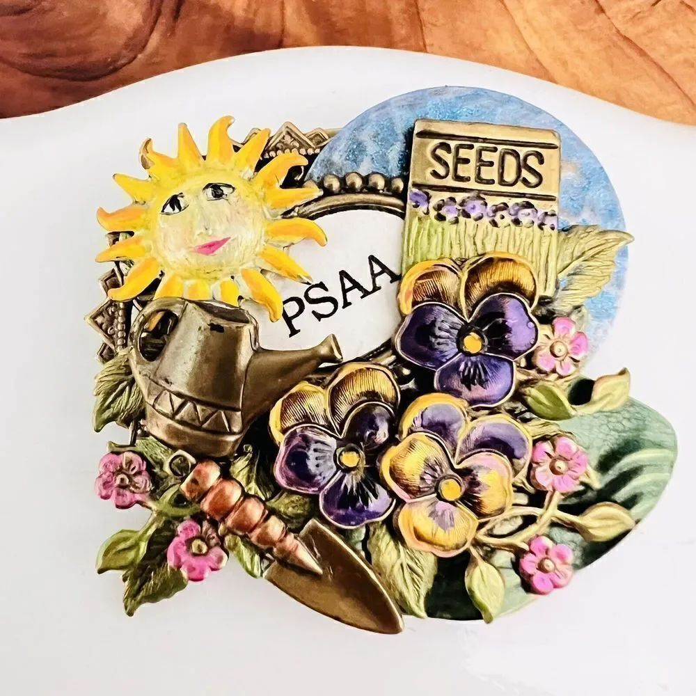 Vintage Flower Garden Brooch Enamel Flower Sun Violets Water Can Seeds PSAA 1415